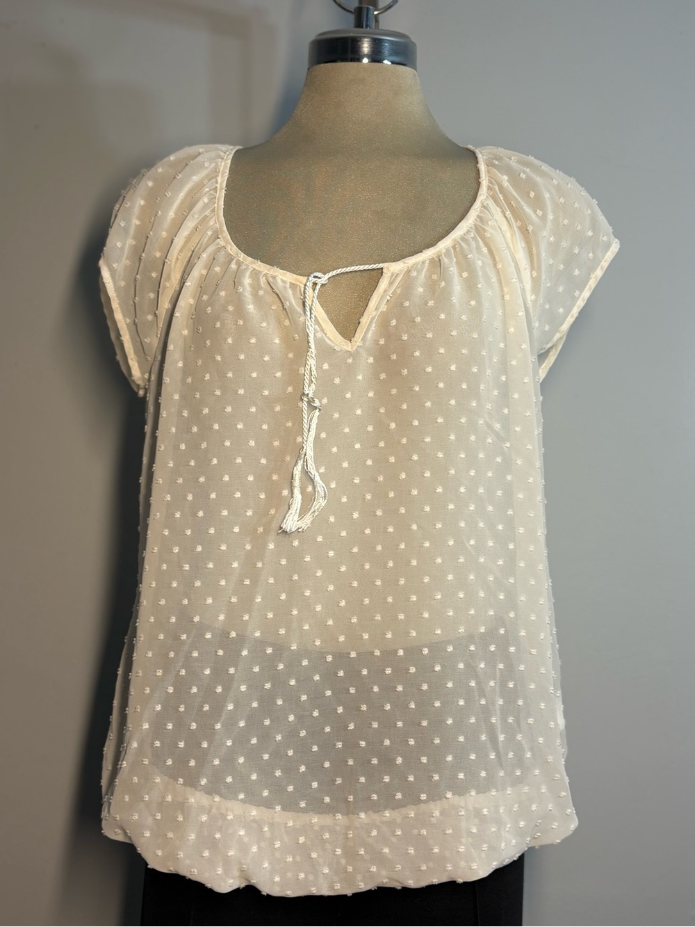Ivory Swiss Dot Tie-Neck Peasant Top